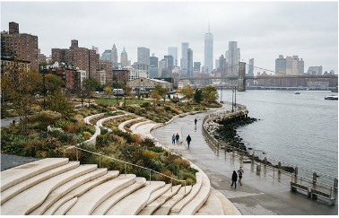 Waterfront park and city skyline